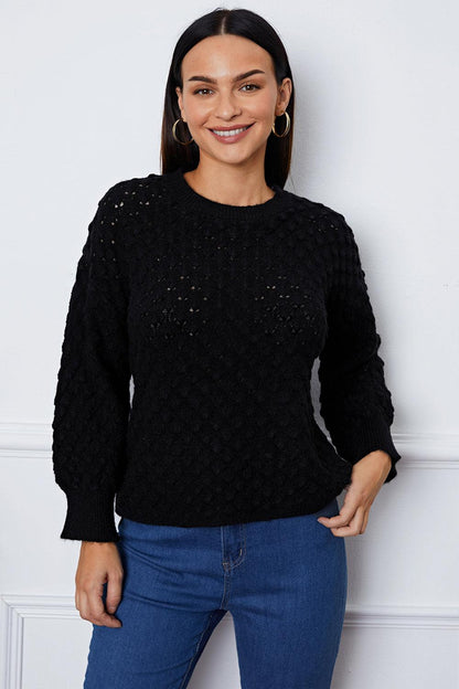 Openwork Round Neck Long Sleeve Sweater