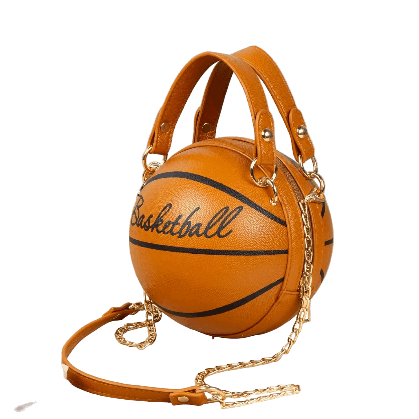 Basketball-shaped handbag with 'Basketball' text on a white background