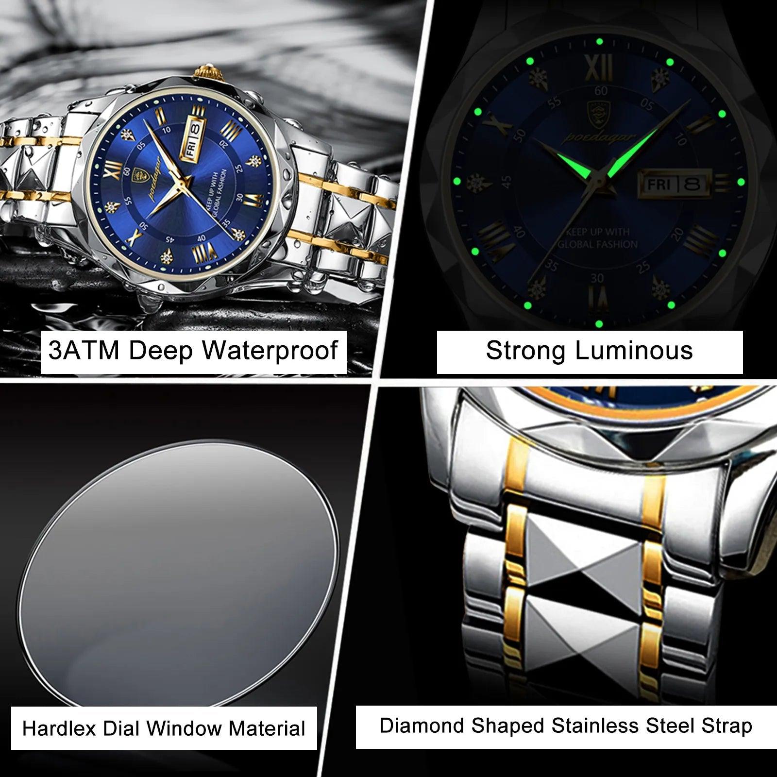 POEDAGAR Top Brand Luxury Man Wristwatch Waterproof Luminous Date Week Men Watches Stainless Steel Quartz Men's Watch Male reloj CaRaUaNa Fashion