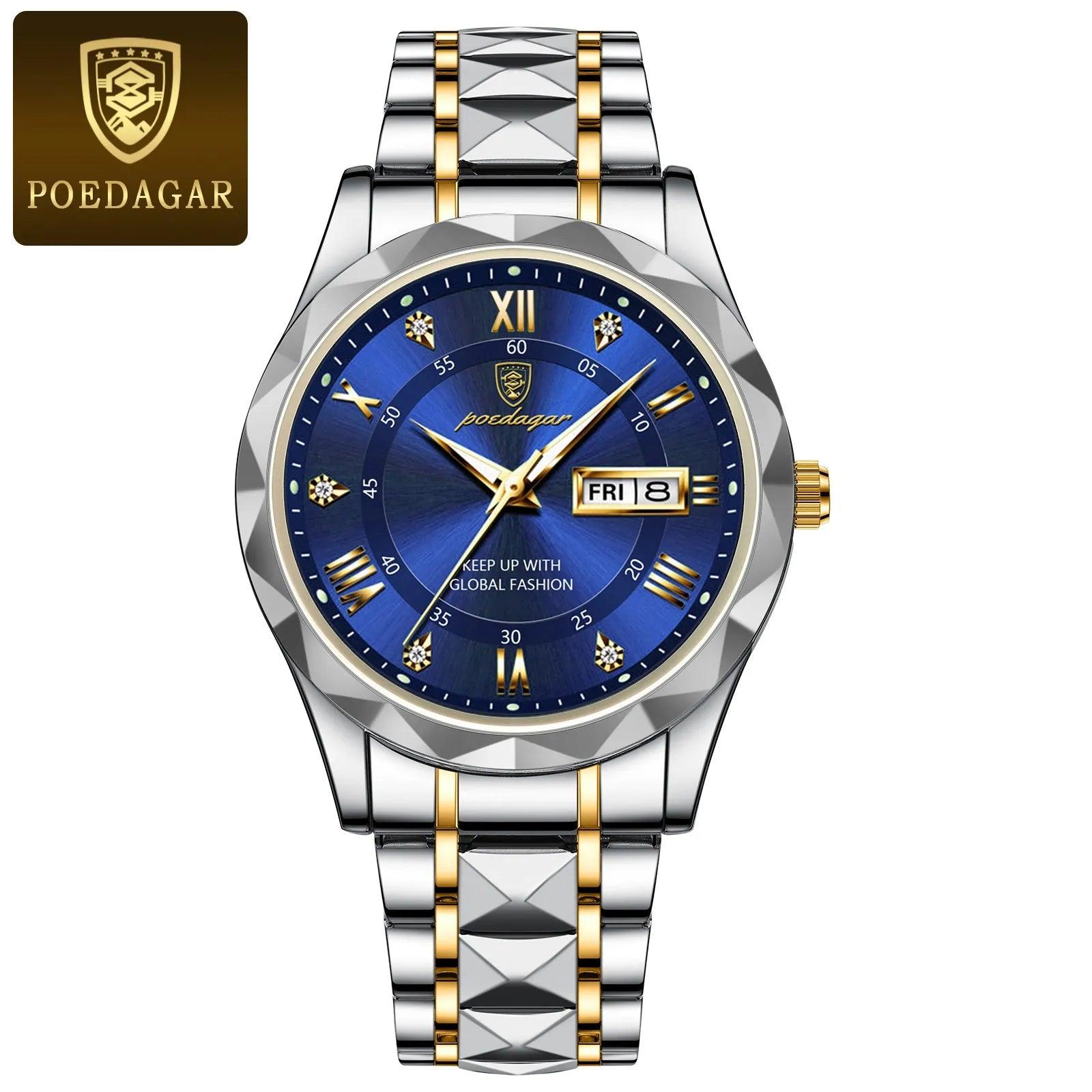 POEDAGAR Top Brand Luxury Man Wristwatch Waterproof Luminous Date Week Men Watches Stainless Steel Quartz Men's Watch Male reloj CaRaUaNa Fashion