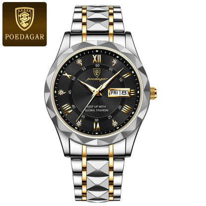 POEDAGAR Top Brand Luxury Man Wristwatch Waterproof Luminous Date Week Men Watches Stainless Steel Quartz Men's Watch Male reloj CaRaUaNa Fashion