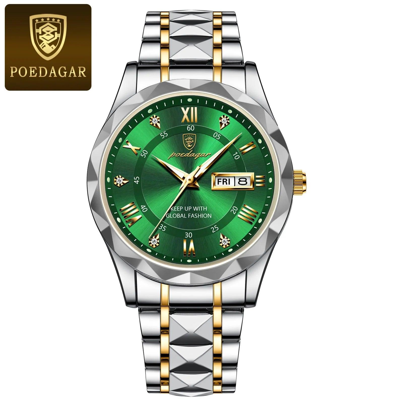 POEDAGAR Top Brand Luxury Man Wristwatch Waterproof Luminous Date Week Men Watches Stainless Steel Quartz Men's Watch Male reloj CaRaUaNa Fashion