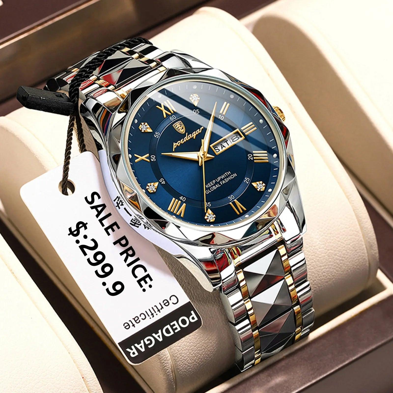POEDAGAR Top Brand Luxury Man Wristwatch Waterproof Luminous Date Week Men Watches Stainless Steel Quartz Men's Watch Male reloj CaRaUaNa Fashion