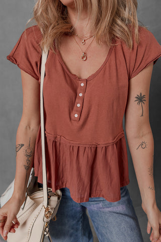 Chestnut Short Sleeve U Neck Buttons Splicing Ruffle Blouse