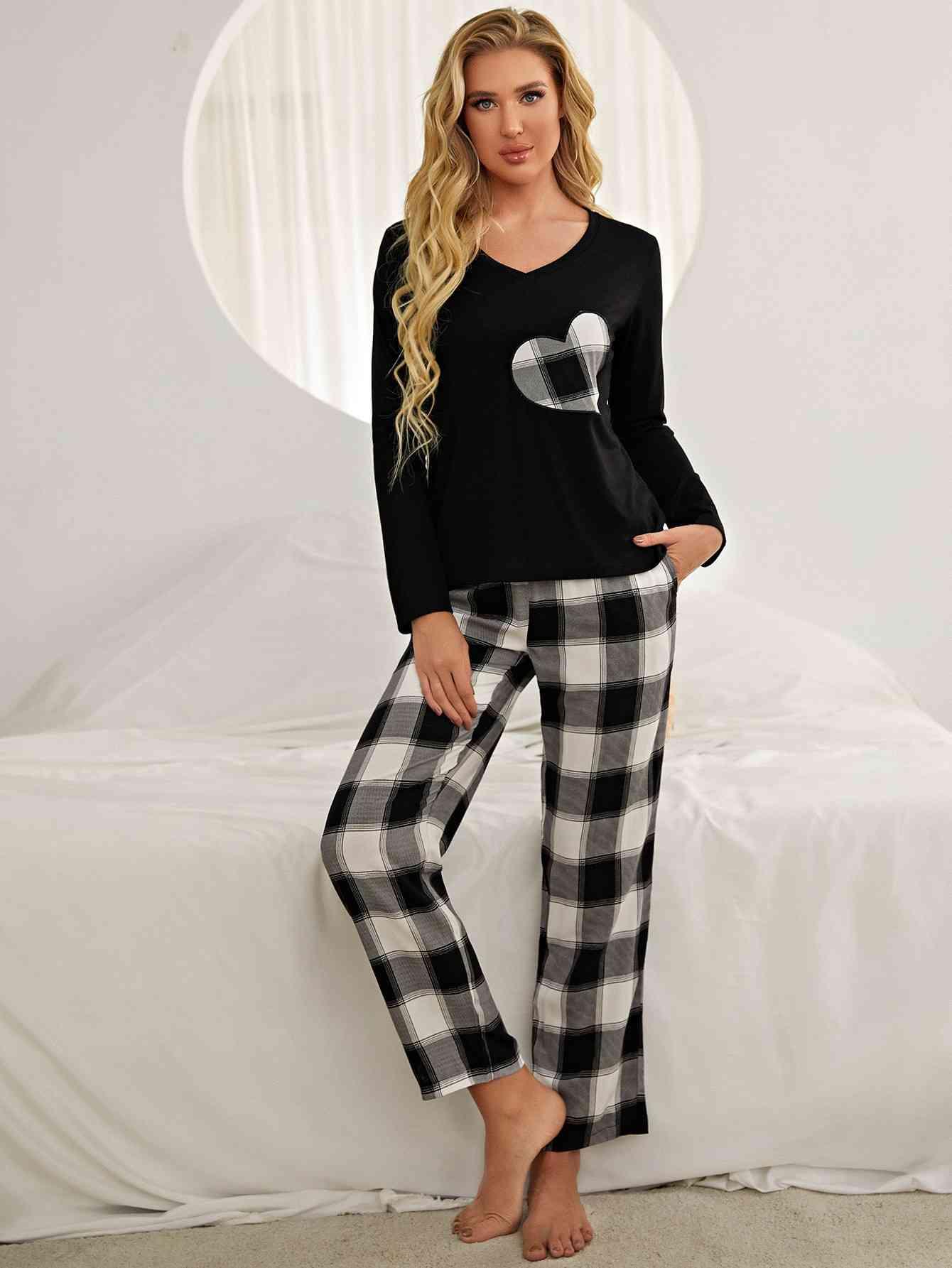 Plaid Heart Top and Pants Lounge Set