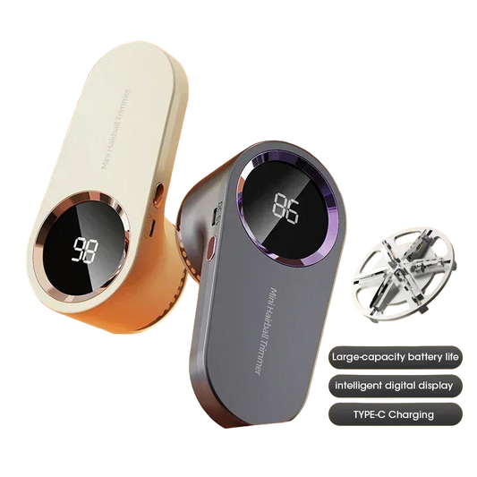 Two electronic devices with digital displays on a white background, featuring text about battery life, display type, and charging method.