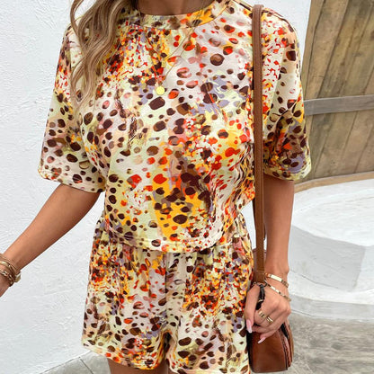 Printed Round Neck Dropped Shoulder Half Sleeve Top and Shorts Set