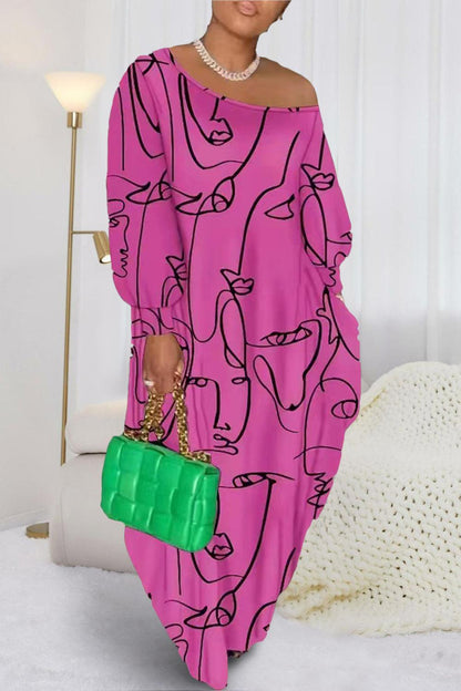 Printed Single Shoulder Lantern Sleeve Maxi Dress