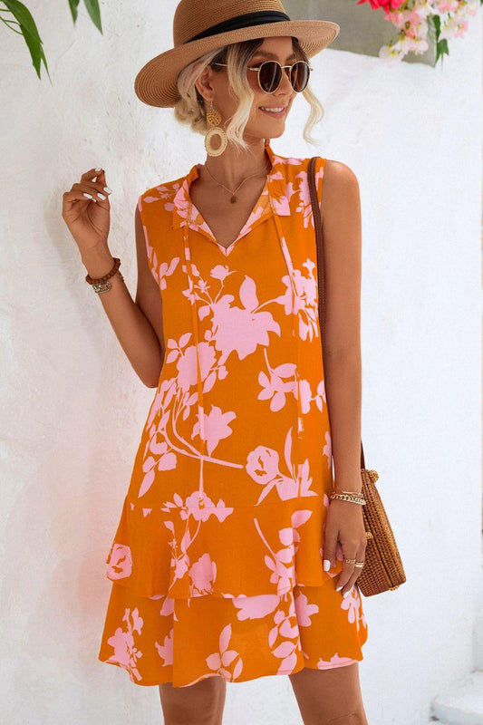 Printed Tie Neck Sleeveless Dress Carauana Store