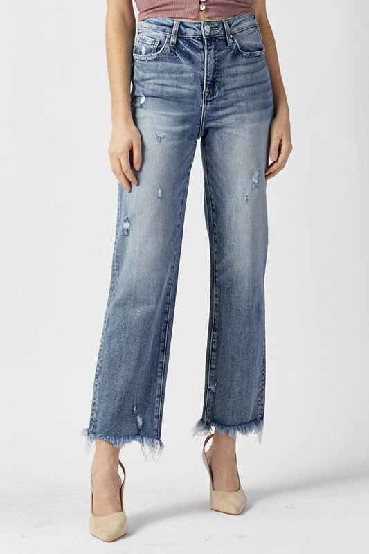 RISEN High Waist Raw Hem Straight Jeans