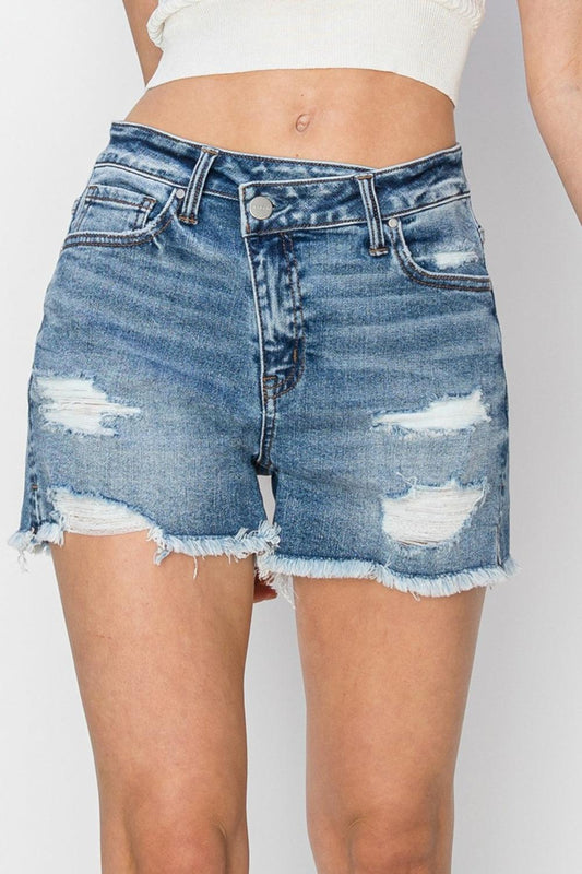 RISEN Stepped Waist Frayed Denim Shorts Carauana Store
