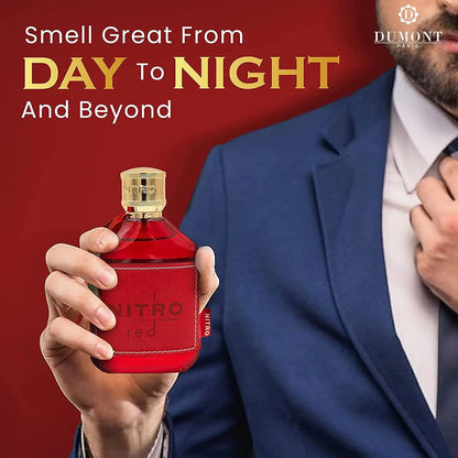 Red perfume bottle held by a person in a suit with promotional text