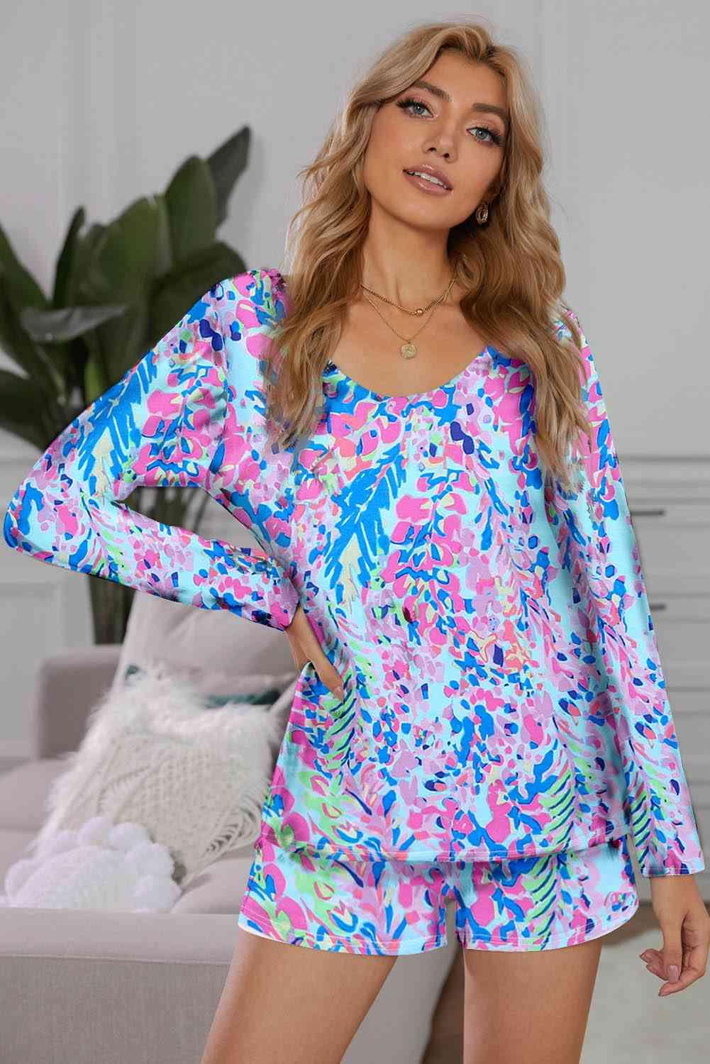 Round Neck Printed Top and Shorts Lounge Set