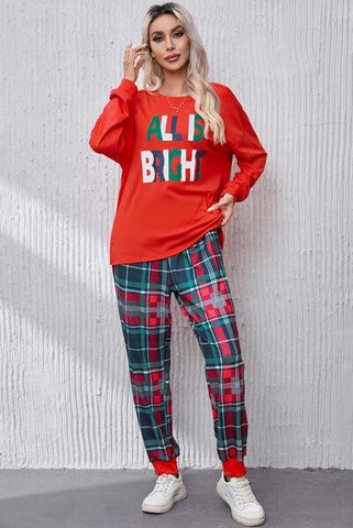 Round Neck Top and Plaid Pants Lounge Set