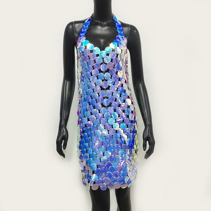 Sexy Metal Sequins Mini Dress Backless Neck Halter Party Night club