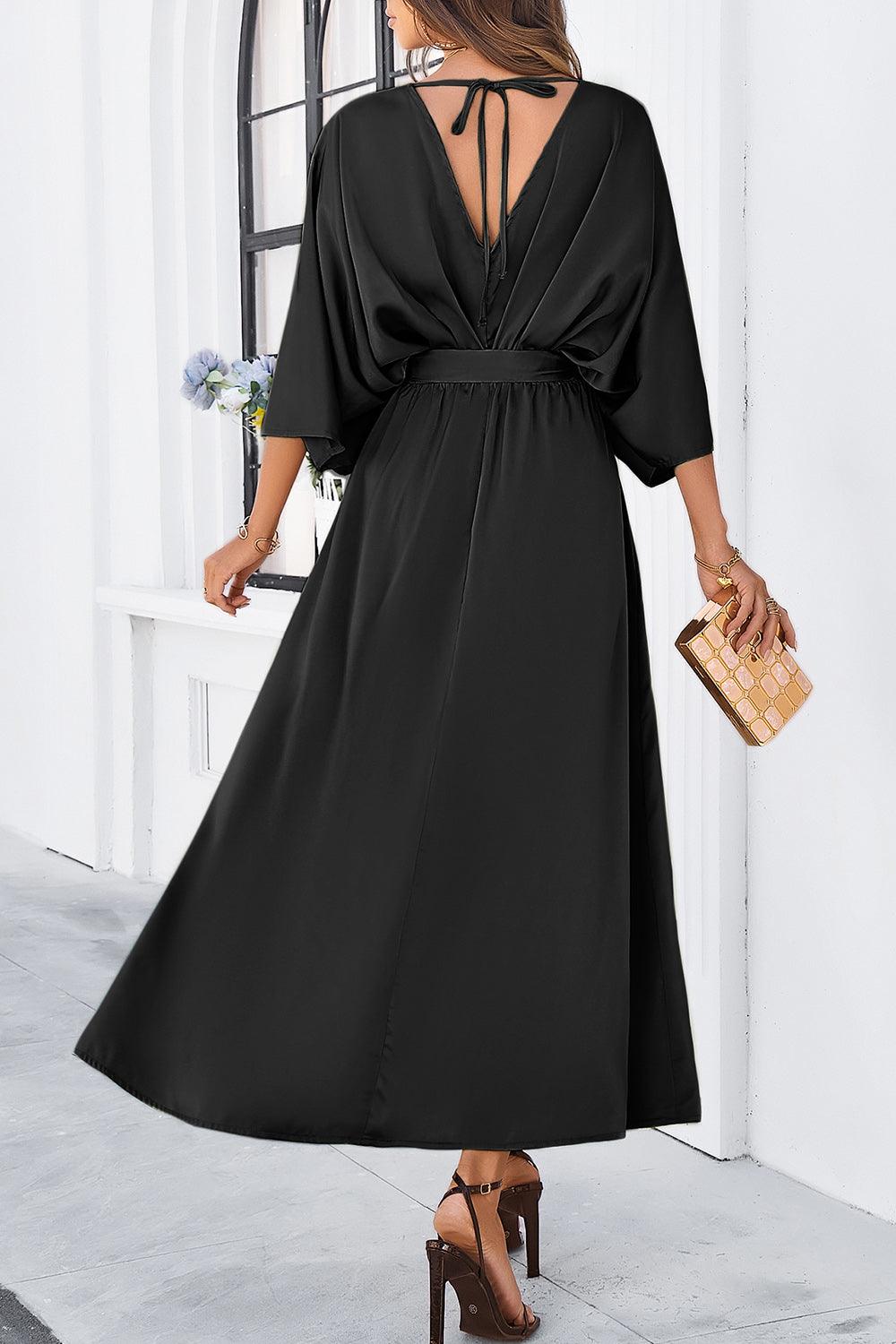 Slit Tied V-Neck Three-Quarter Sleeve Dress