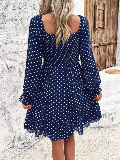 Smocked Polka Dot Long Sleeve Dress