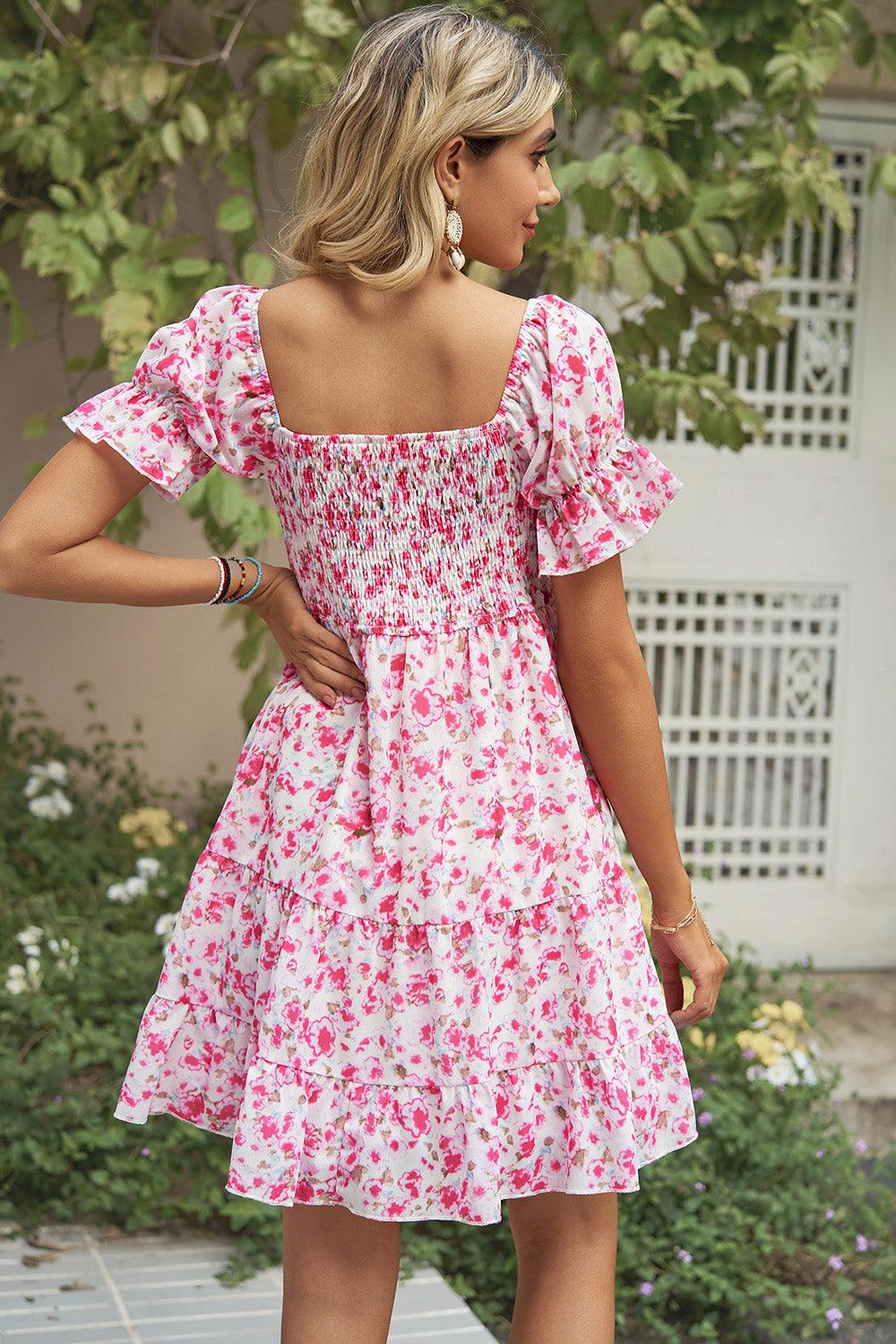 Smocked Printed Flounce Sleeve Mini Dress