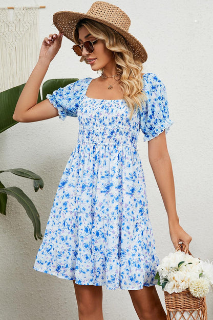 Smocked Printed Flounce Sleeve Mini Dress