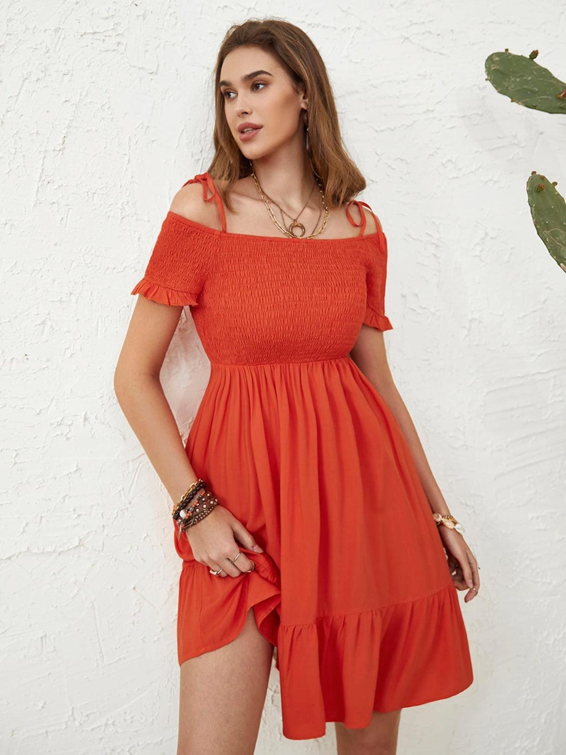 Smocked Spaghetti Strap Short Sleeve Dress