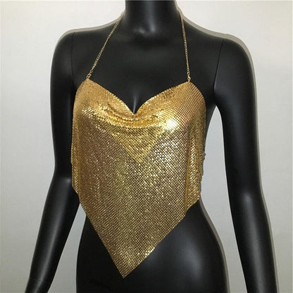 Solid Sequin Metal Cropped Tank Top