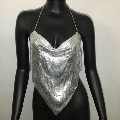 Solid Sequin Metal Cropped Tank Top