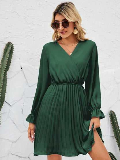 Surplice Flounce Sleeve Pleated Mini Dress