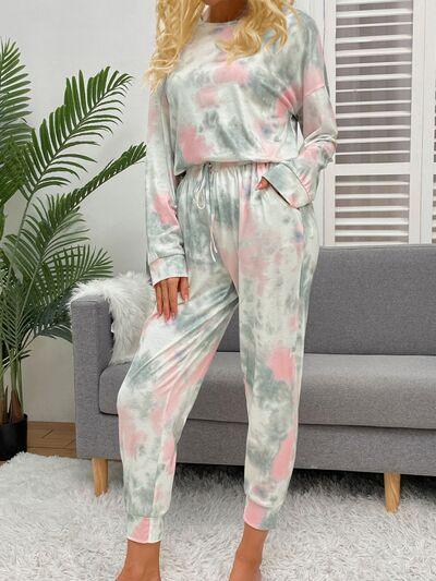 Tie-Dye Round Neck Top and Drawstring Pants Lounge Set Carauana Store