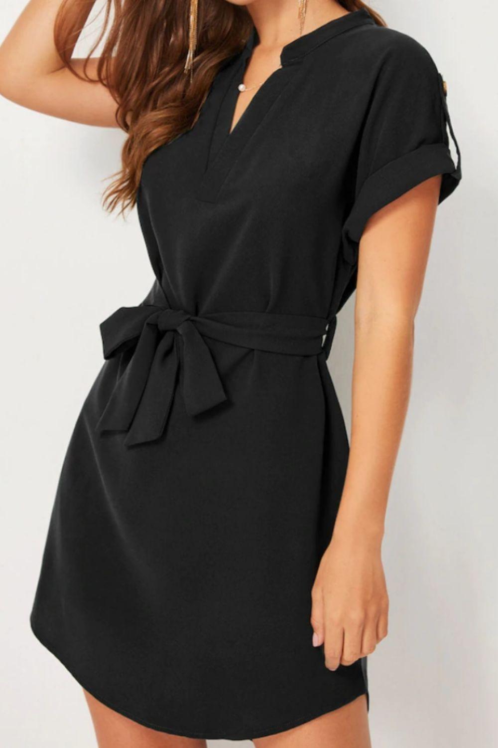 Tied Notched Short Sleeve Dress