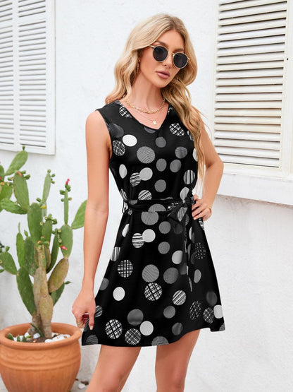 Tied Polka Dot V-Neck Dress