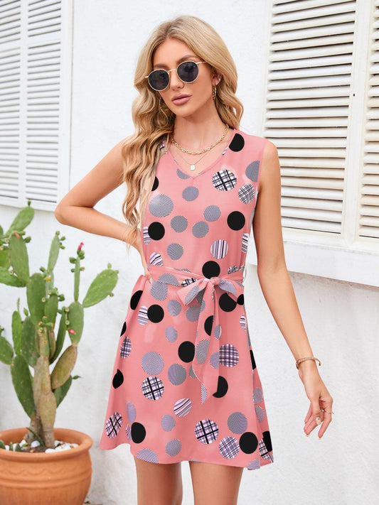 Tied Polka Dot V-Neck Dress Carauana Store