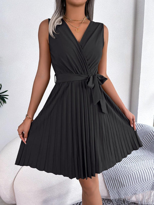 Tied Surplice Sleeveless Pleated Dress Carauana Store