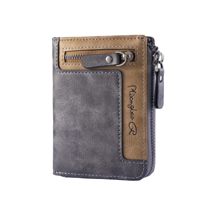 Two-tone wallet with gray and brown leather.