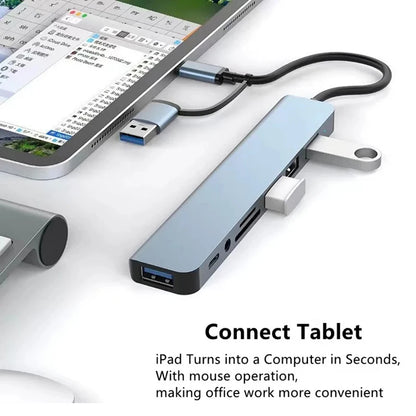 USB hub connected to a tablet with text highlighting its functionality.