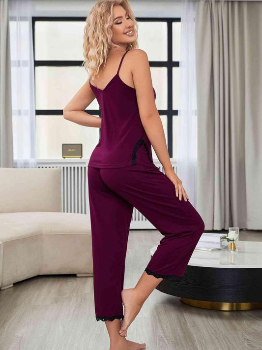 V-Neck Lace Trim Slit Cami and Pants Pajama Set Carauana Store