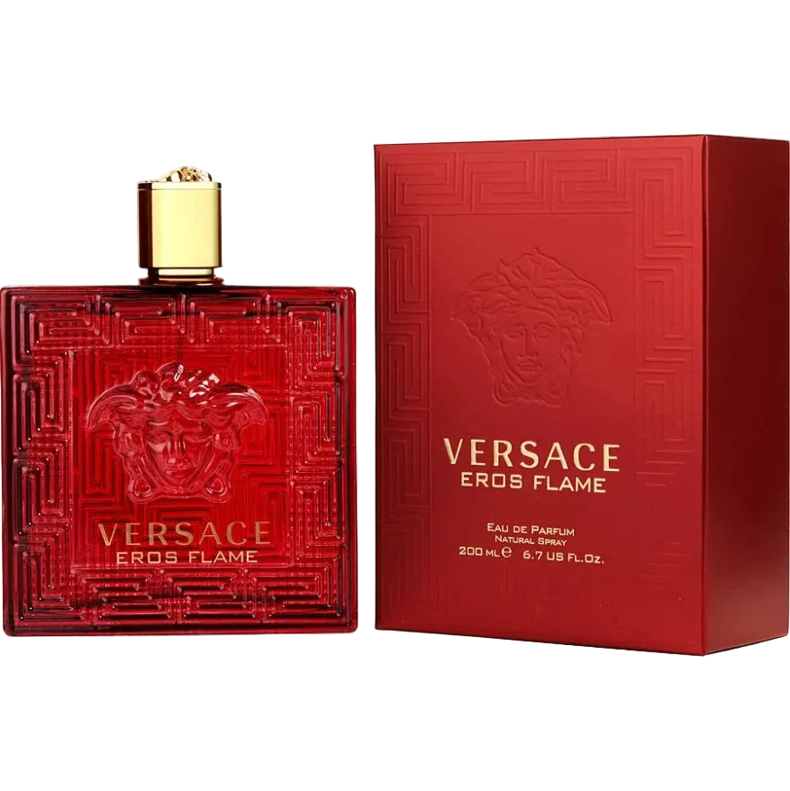 Versace Eros Flame perfume bottle and packaging on a white background