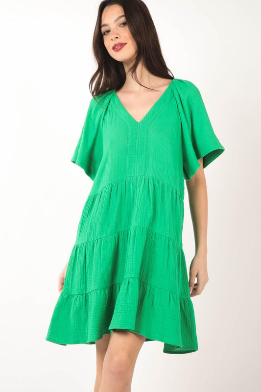 VERY J Texture V-Neck Ruffled Tiered Dress Carauana Store