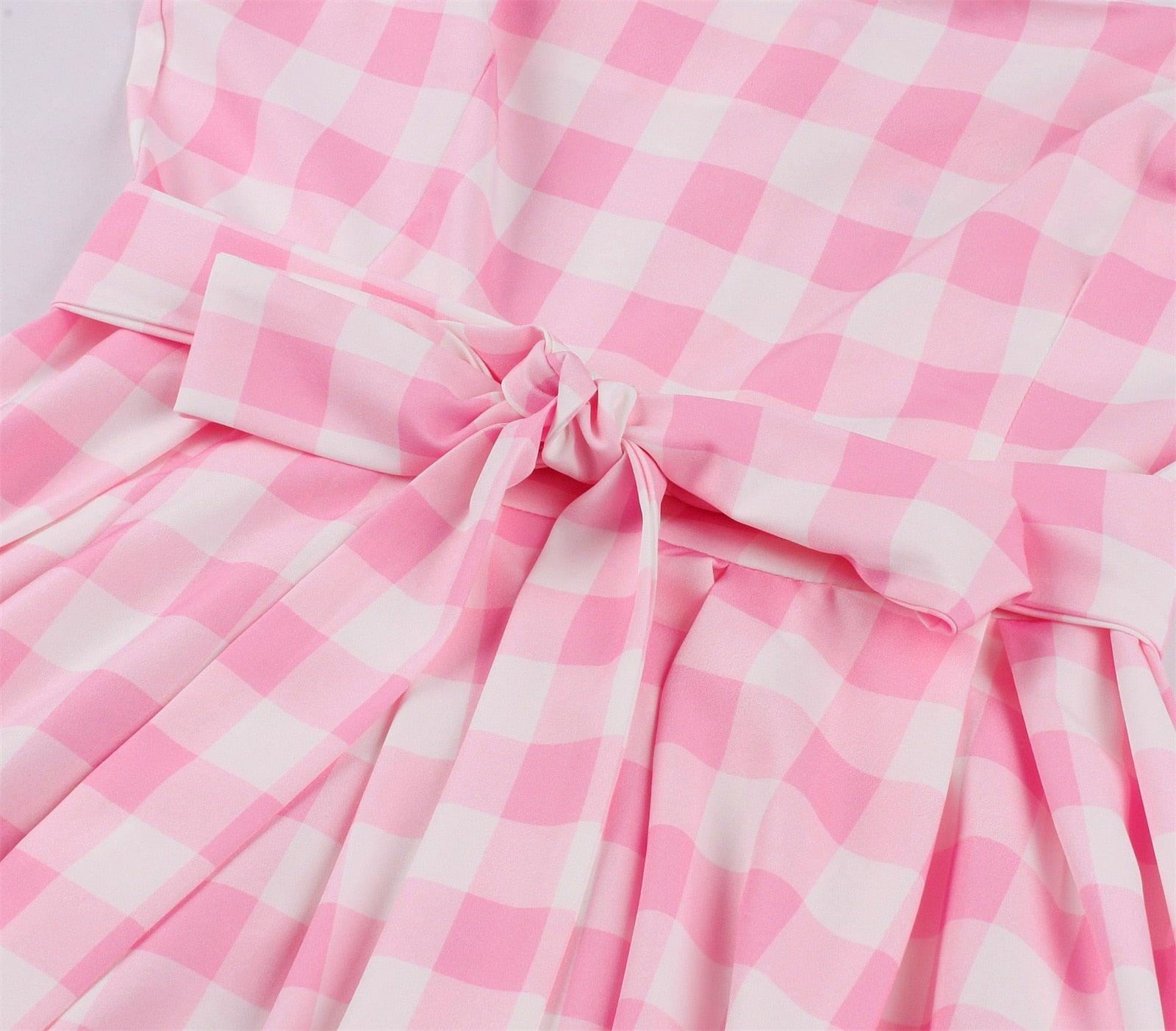 Women Vintage Barbiee Pink Plaid Dress