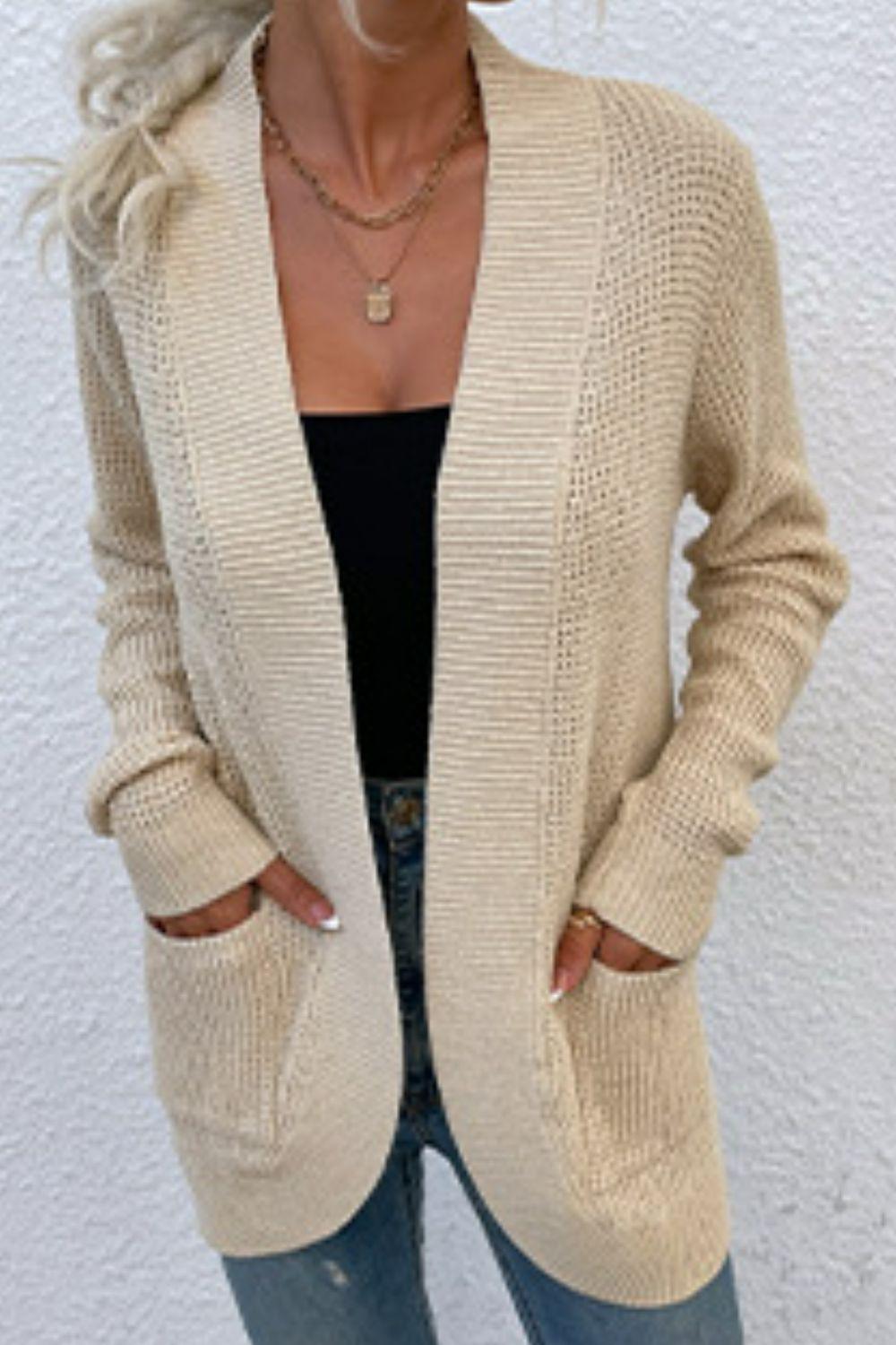 Open Front Rib-Knit Cardigan with Pockets