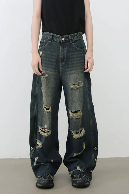 Men's Frayed Hem Distressed Wide Leg Jeans Carauana Store