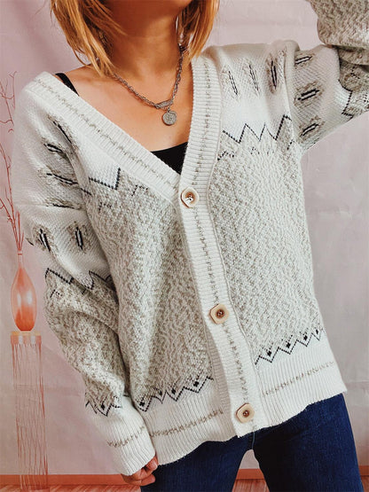 Geometric Button Front Long Sleeve Cardigan