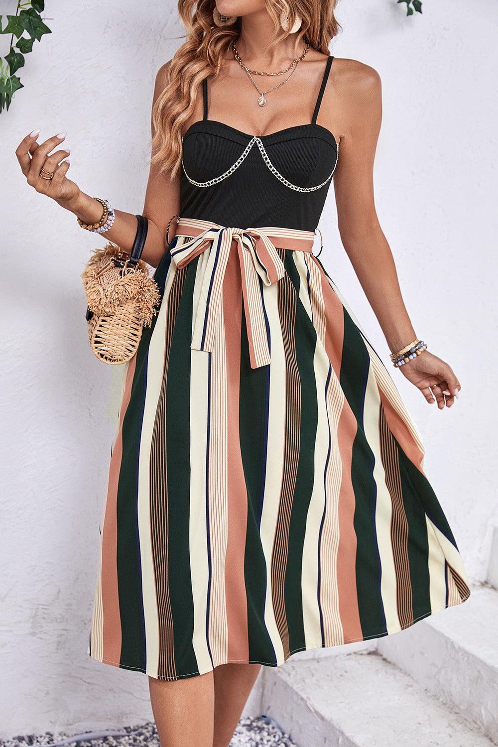 Tied Striped Spaghetti Strap Dress