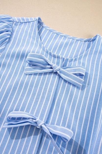 Striped Bowknot Detail Puff Sleeve Top and Shorts Set Carauana Store