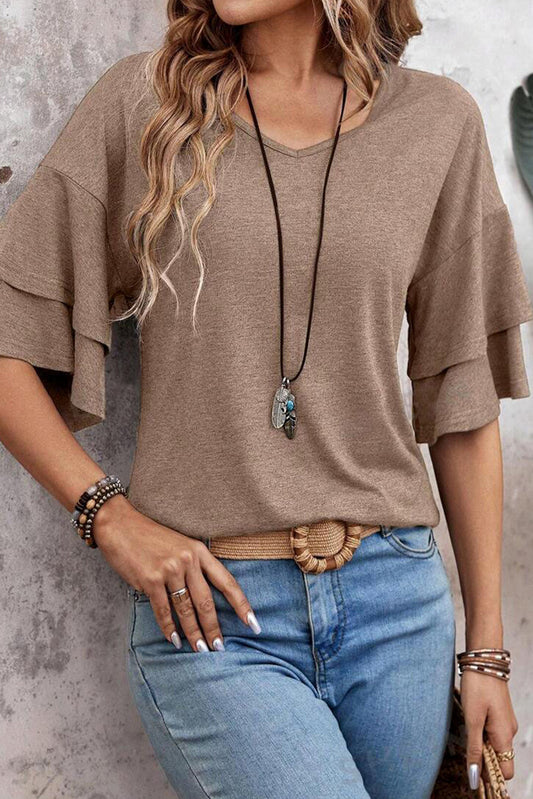 DUNE Solid Colour V-Neck Double Layer Sleeve Loose T-Shirt