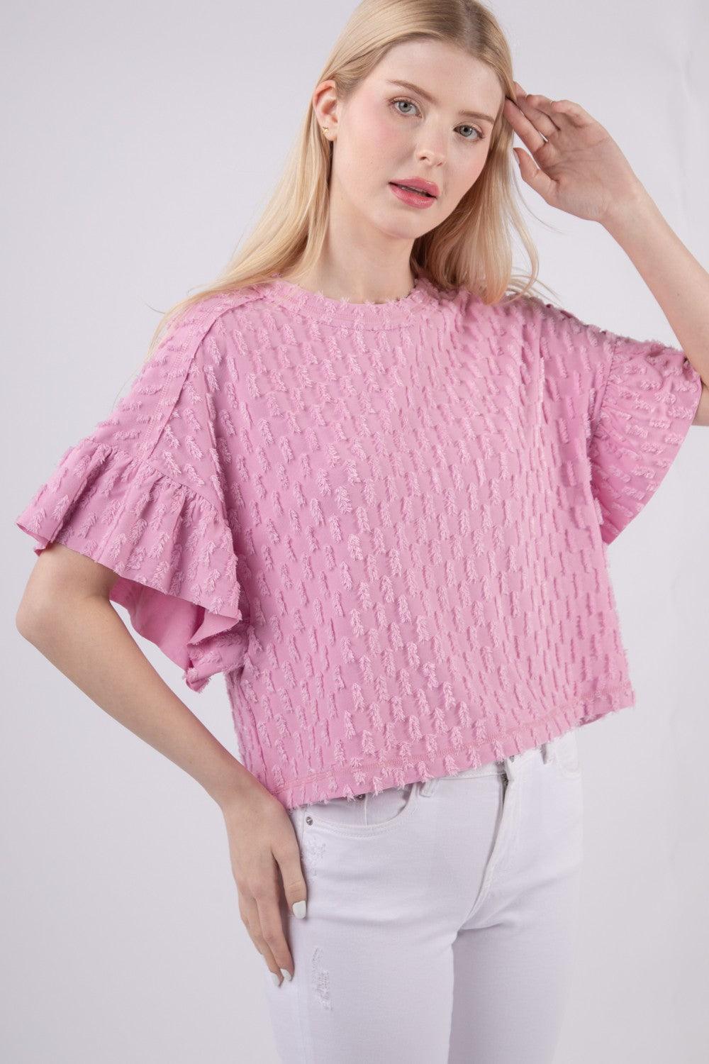 VERY J Full Size Texture Ruffle Short Sleeve Top