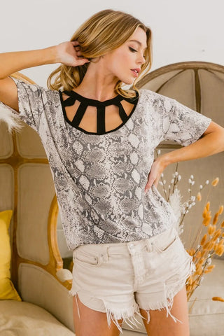 BiBi Snake Skin Print Top with Contrast Caged Neck