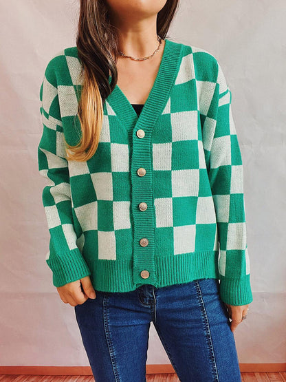 Checkered Open Front Button Up Cardigan