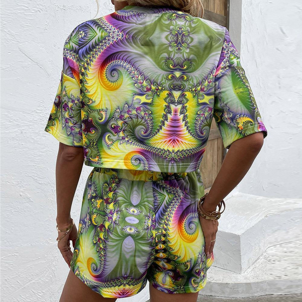 Printed Round Neck Dropped Shoulder Half Sleeve Top and Shorts Set