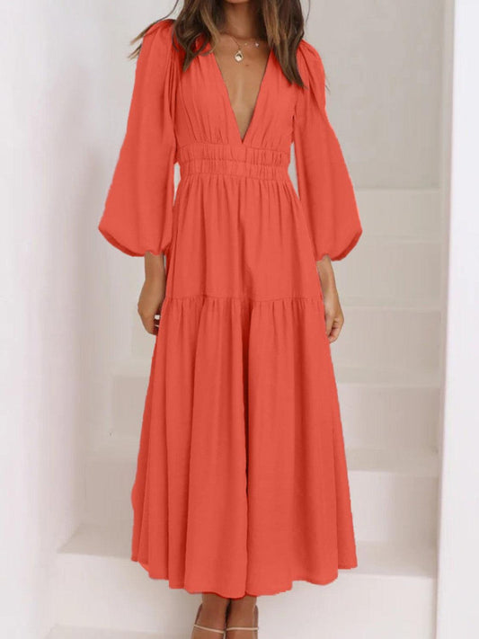 Deep V-Neck Balloon Sleeve Plain Maxi Dress Carauana Store