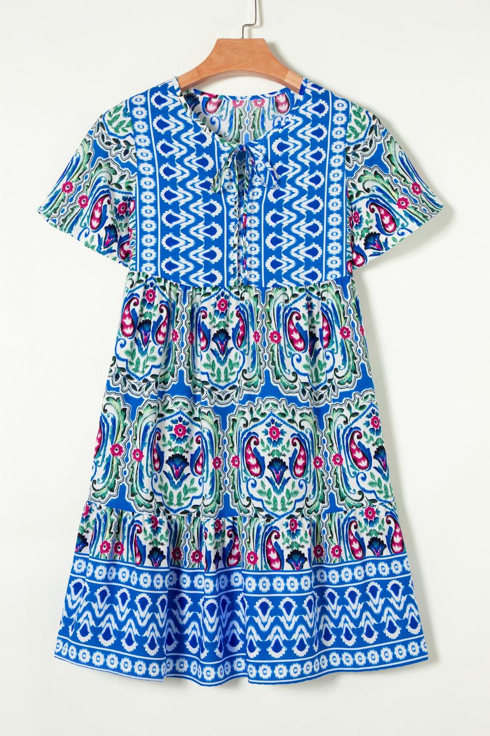 Printed Tie Neck Short Sleeve Dress